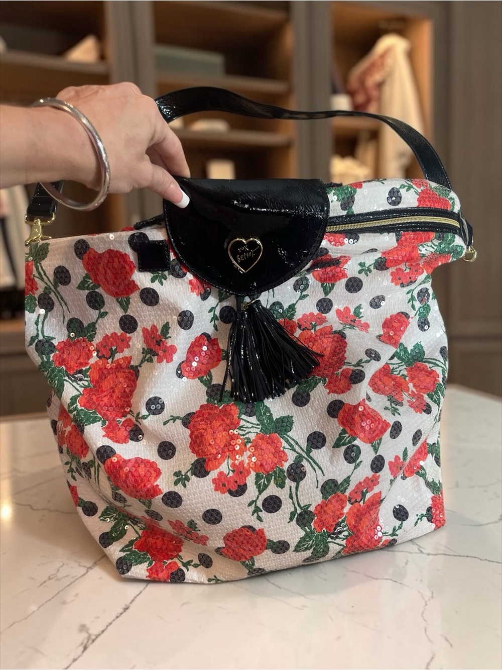 Betsey Johnson Tote Bag Sequin Polka Dot Floral Rose Shoulder Purse